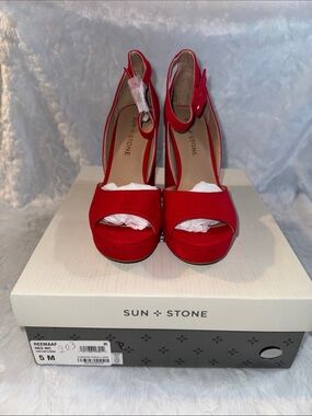 Sun + Stone Red Suede Peep-Toe Slingback Platform Heels